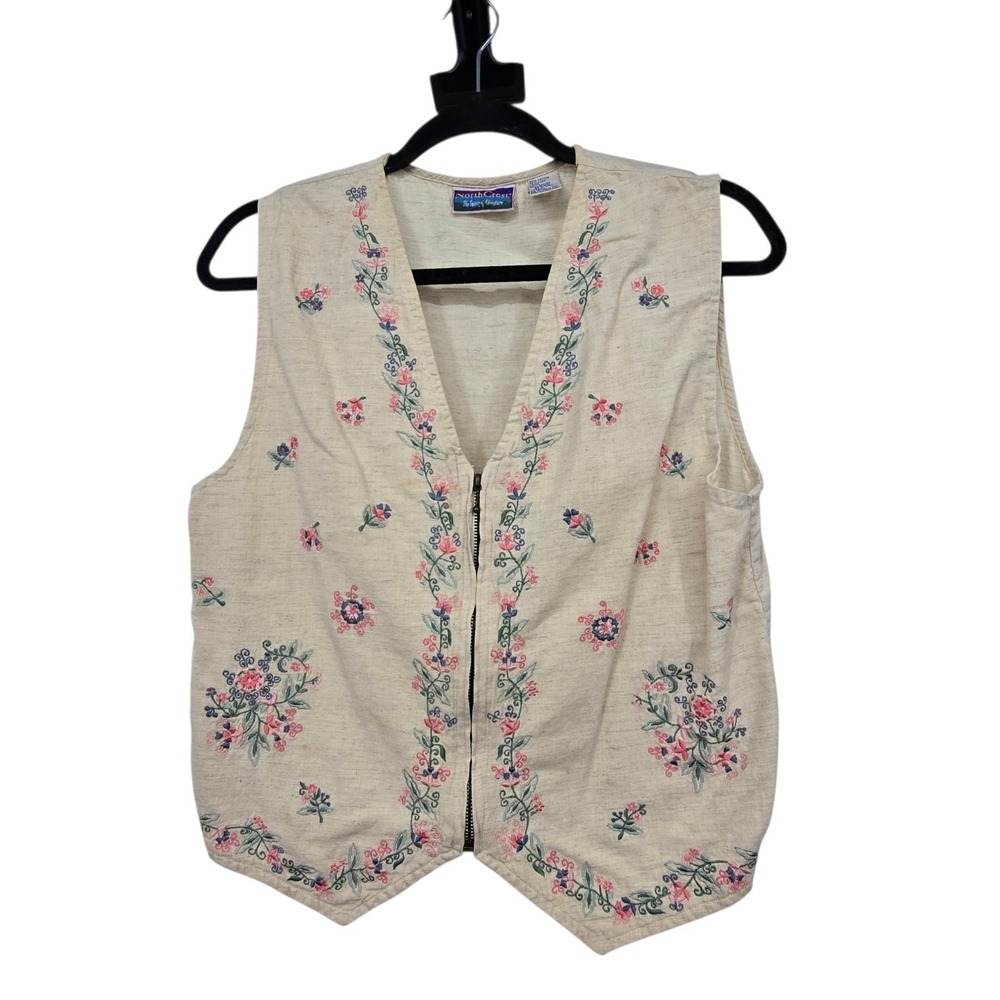 Vintage 90s North Crest Embroidered Vest Women's M Zip Boho Cottagecore Granny